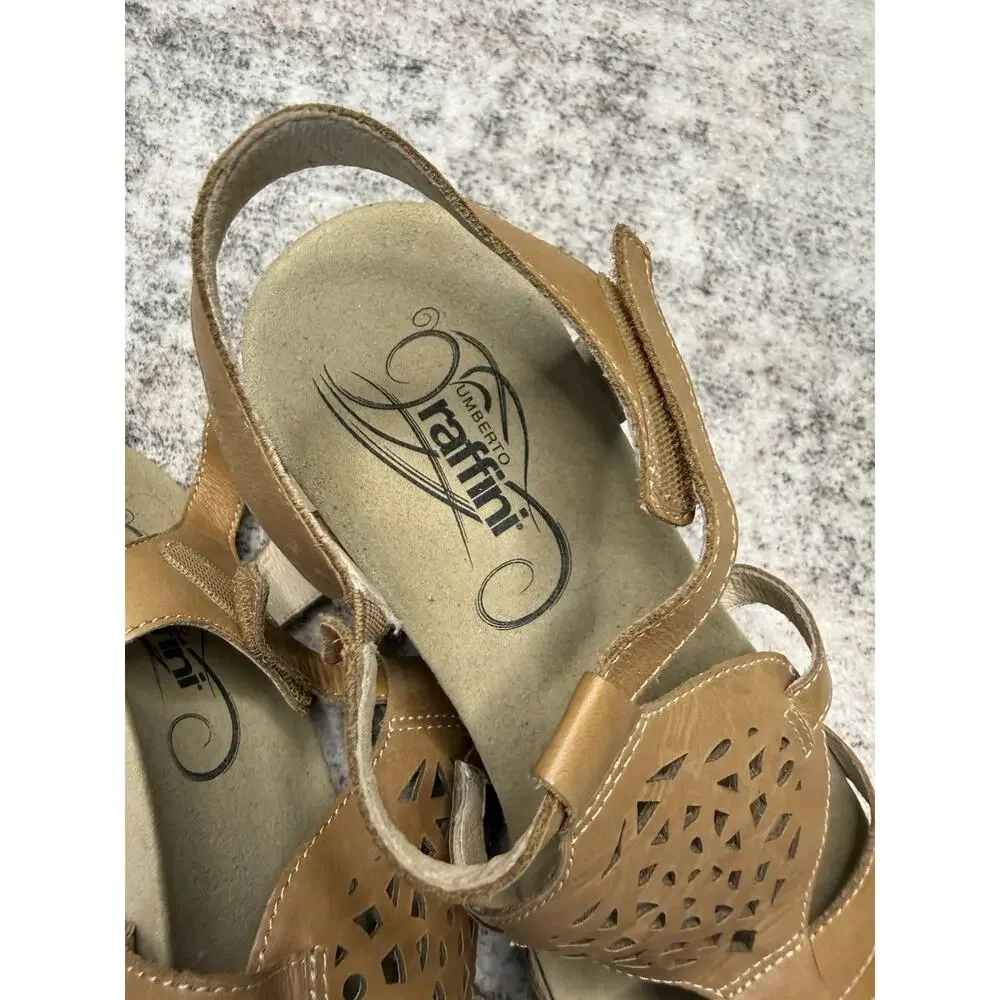 Umberto Raffini Orchid Sandal Brown Leather Wedges Shoes Size 7.5 Boho Comfort